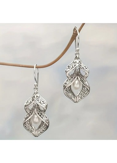 Modlily Silver Alloy Detail Geometric Pearl Earrings - One Size