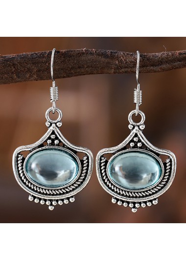 Modlily Silver Alloy Detail Oval Blue Gemstone Earrings - One Size