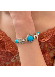 Modlily Silver Butterfly Turquoise Turtle Alloy Bracelet - One Size