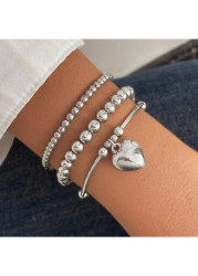 Modlily Silver Heart Alloy Beaded Bracelet Set - One Size