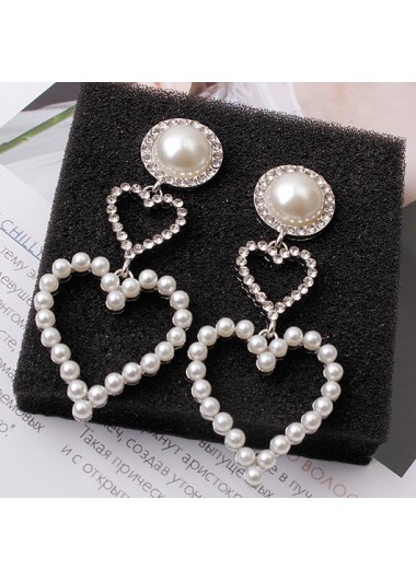 Modlily Silver Heart Design Pearl Alloy Earrings - One Size