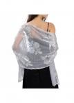 Modlily Silver Mesh Embroidered Scalloped Hem Shawl - One Size