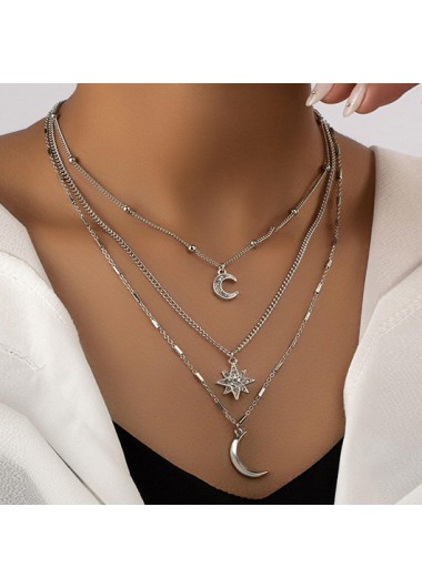 Modlily Silver Moon Layered Design Alloy Necklace - One Size