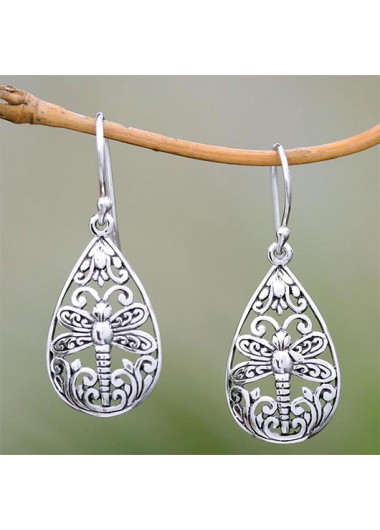 Modlily Silver Oval Dragonfly Hollow Design Earrings - One Size