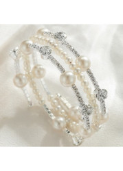 Modlily Silver Pearl Beads Detail Rhinestone Bracelet - One Size