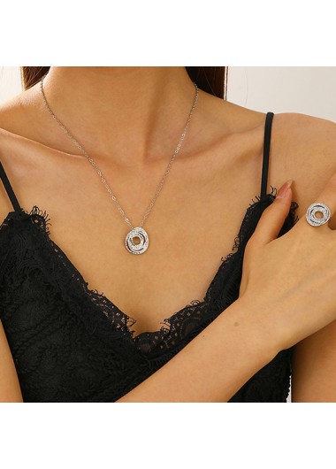 Modlily Silver Round Alloy Necklace and Ring - One Size