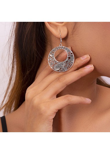 Modlily Silver Round Cutout Retro Metal Earrings - One Size