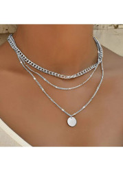 Modlily Silver Round Layered Design Metal Necklace - One Size