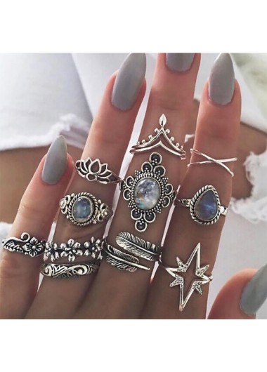 Modlily Silver Round Rhinestone Detail Alloy Ring Set - One Size