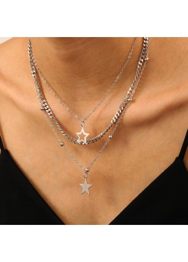 Modlily Silver Star Iron Layered Design Necklace - One Size