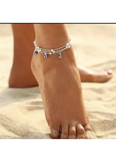 Modlily Silvery White Alloy Layered Beaded Anklet - One Size