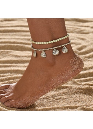 Modlily Silvery White Beaded Shell Anklet Set - One Size