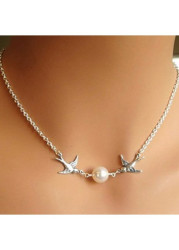 Modlily Silvery White Birds Pearl Alloy Necklace - One Size