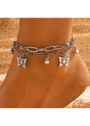 Modlily Silvery White Butterfly Alloy Layered Chain Anklet - One Size