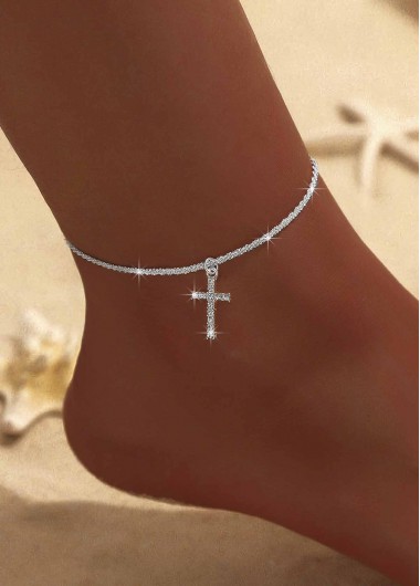 Modlily Silvery White Cross Alloy Rhinestone Anklet - One Size