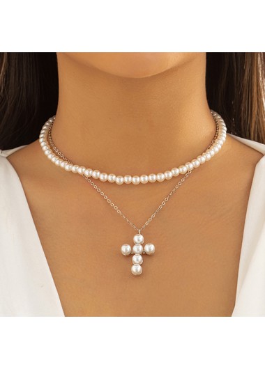 Modlily Silvery White Cross Pearl Layered Necklace - One Size