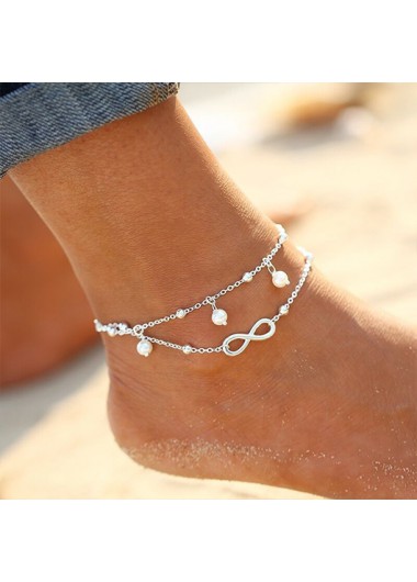 Modlily Silvery White Pearl Layered Alloy Anklet - One Size