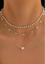 Modlily Silvery White Pearl Layered Alloy Necklace - One Size