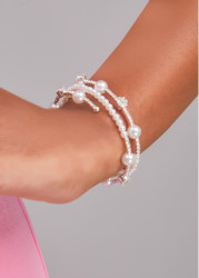 Modlily Silvery White Pearl Rhinestone Detail Bangle - One Size