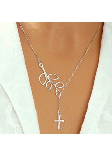 Modlily Silvery White Plants Print Cross Alloy Necklace - One Size