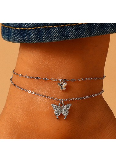 Modlily Silvery White Rhinestone Butterfly Alloy Anklet Set - One Size