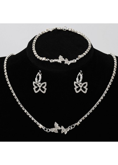 Modlily Silvery White Rhinestone Butterfly Alloy Necklace Set - One Size