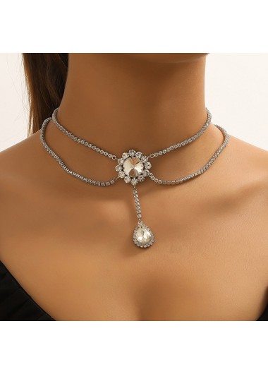 Modlily Silvery White Rhinestone Detail Layered Necklace - One Size