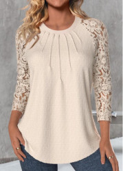 Modlily Skin Color Lace Long Sleeve Round Neck T Shirt - S