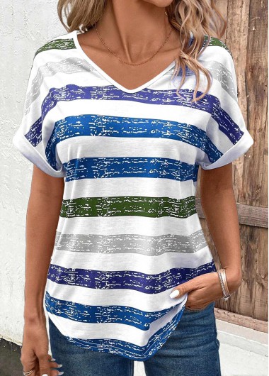 Modlily Sky Blue Breathable Multi Stripe Print T Shirt - M