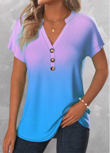 Modlily Sky Blue Button Ombre Short Sleeve T Shirt - S