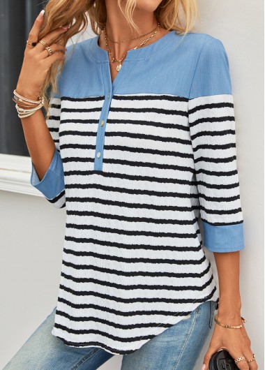 Modlily Sky Blue Button Split Striped Blouse - S