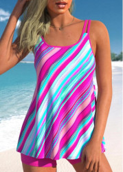 Modlily Stripe Print Hot Pink Double Straps Tankini Set - S