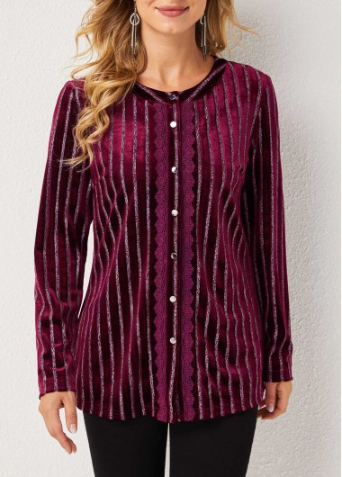 Modlily Stripe Print Long Sleeve Round Neck Blouse - S