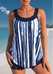 Modlily Stripe Print Navy Blue Tankini Set - S