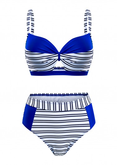 Modlily Stripe Print Royal Blue Contrast Bikini Set - S