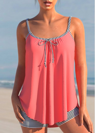 Modlily Striped Bowknot Coral Red Tankini Set - L