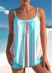 Modlily Striped Bowknot Cyan Spaghetti Strap Tankini Set - S