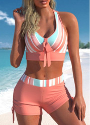 Modlily Striped Cross Strap Bowknot Coral Orange Bikini Set - XL