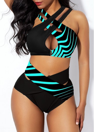 Modlily Striped Cross Strap High Waist Bikini Set - XXL