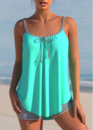 Modlily Striped Cyan Bowknot Spaghetti Strap Tankini Set - XXL