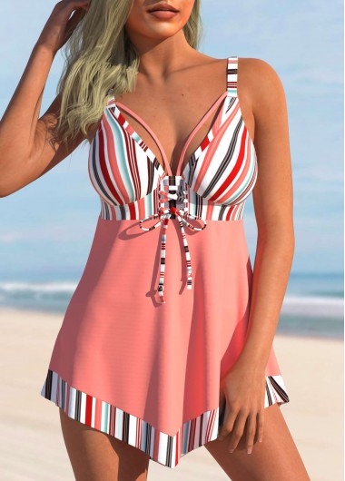 Modlily Striped Hanky Hem Bowknot Peach Pink Swimdress Top - S