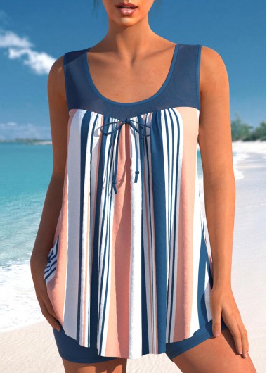 Modlily Striped Mesh Stitching Bowknot Denim Blue Tankini Set - S