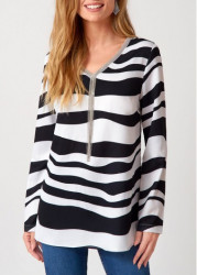 Modlily Striped Tassel V Neck Long Sleeve Blouse - S