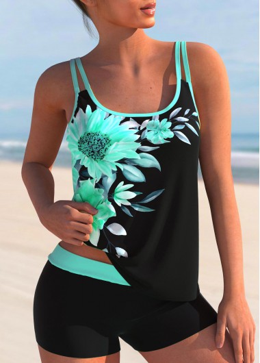 Modlily Sunflower Print Cyan Double Straps Tankini Set - S