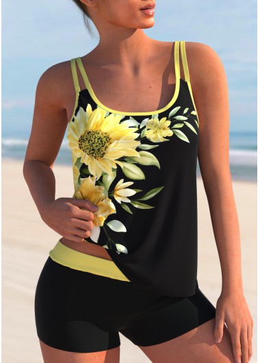 Modlily Sunflower Print Yellow Double Straps Tankini Set - S