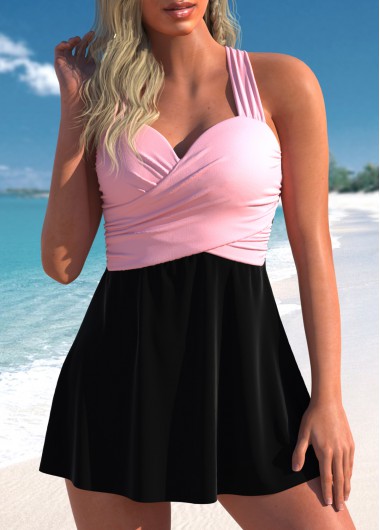 Modlily Surplice Black Criss Cross Swimdress Set - S