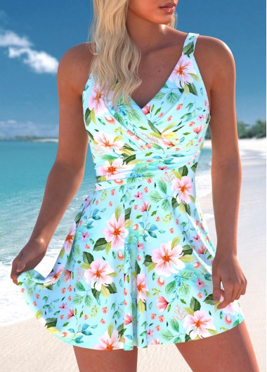 Modlily Surplice Floral Print Mint Green Swimdress Set - S