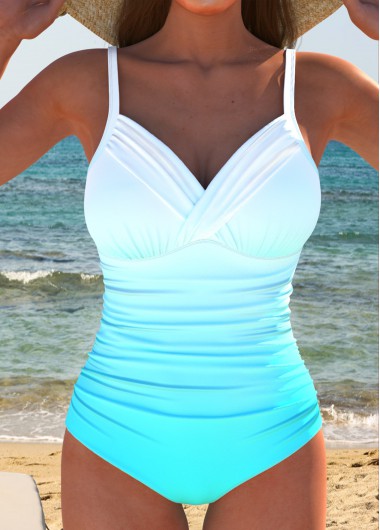 Modlily Surplice Ombre Cyan One Piece Swimwear - S