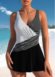 Modlily Surplice Striped Black One Piece Swimdress - S