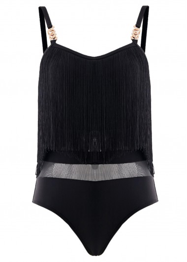 Modlily Tassel Black Mesh One Piece Swimwear - S